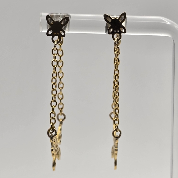 Vintage Earrings Butterfly Stud & Drop Attached Back Chain Gold Tone Unbranded - Picture 7 of 7
